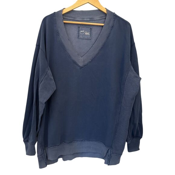 Aerie Blue Distressed Oversized V-Neck Terrycloth Cotton Sweatshirt Size M - Picture 1 of 7
